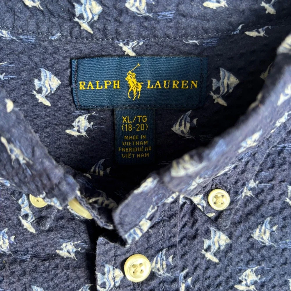 Ralph Lauren Button Down Kids XL 18-20 Navy Seersucker‎ Fish Print Shirt